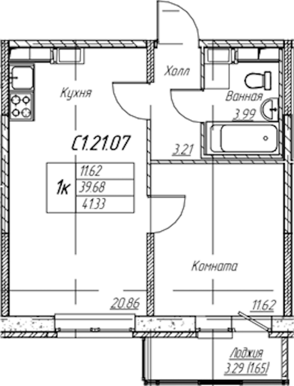 1-комнатная квартира 41.33 м², 21/22 эт., ЖК «Парк-квартал Юнтолово»